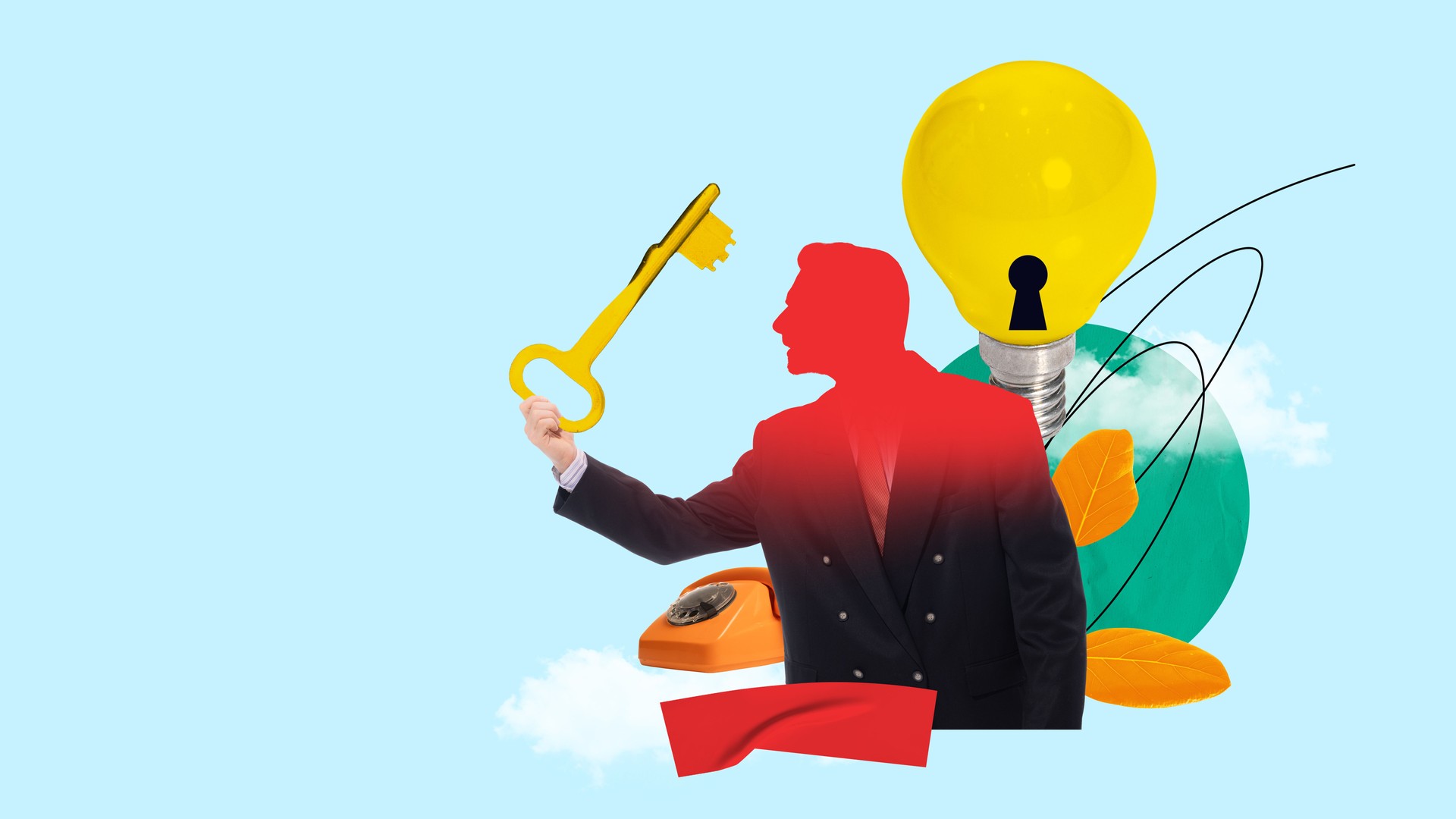 Bright collage. Businessman with golden key unlocking light bulb symbolizing new ideas