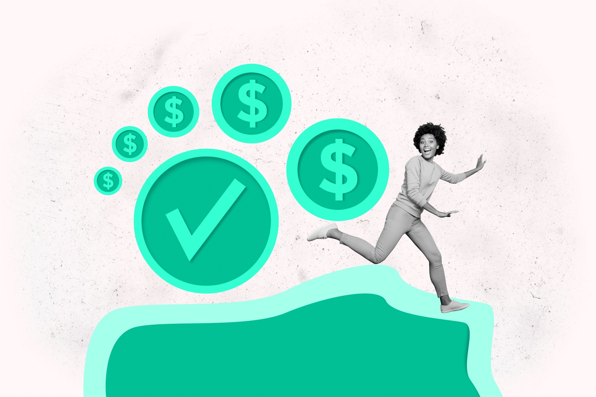 Collage of cheerful person people family friends celebrating money income with dollar signs checkmark approval symbols