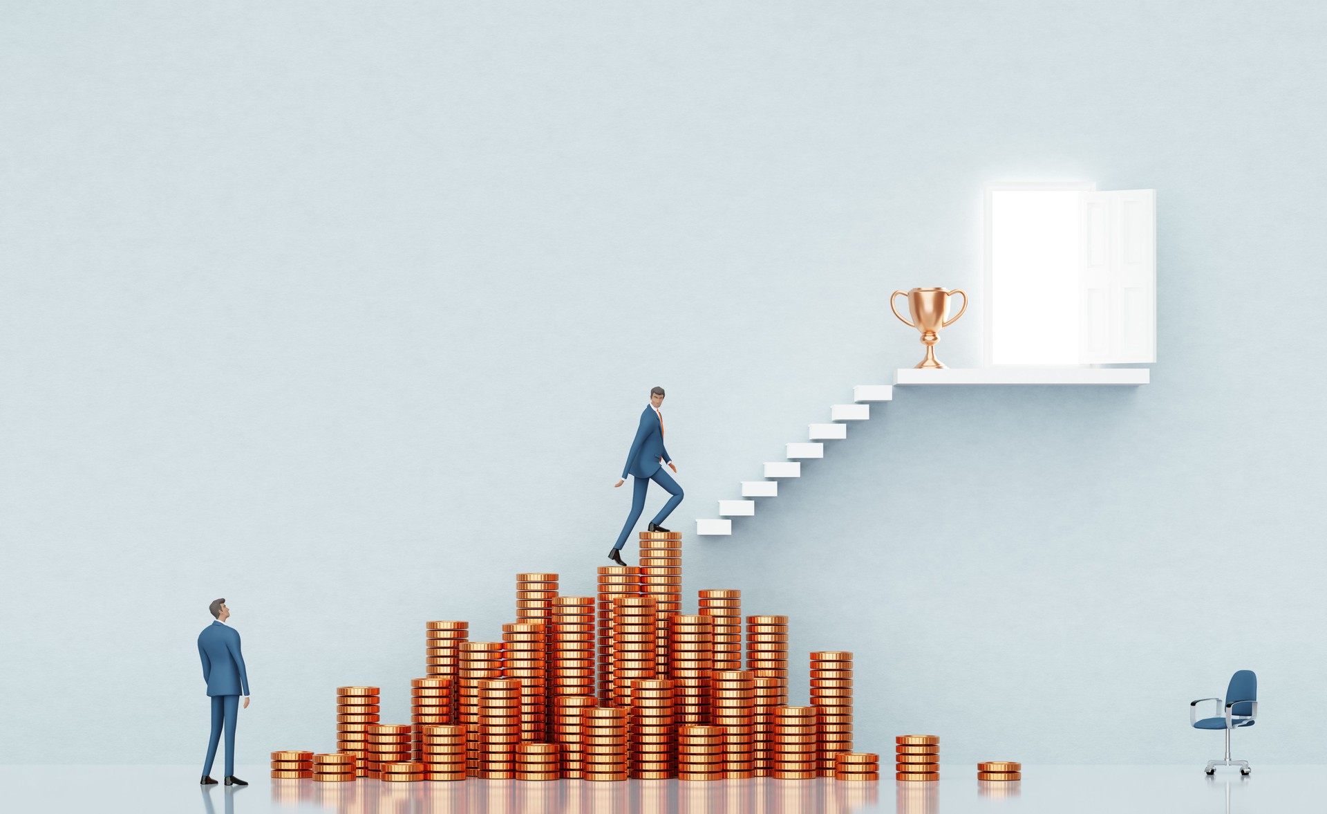 Businessman climbing on golden coin stacks to the open door and golden trophy, The way to success.  3D rendering